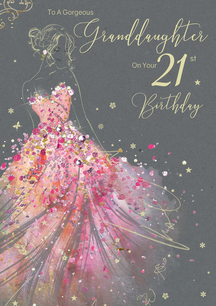 Lovely Beautiful Granddaughter on Your 21st Birthday Card - Gorgeous Grace Range Pink Dress Glitter & Foil Finish Card by Cherry Orchard