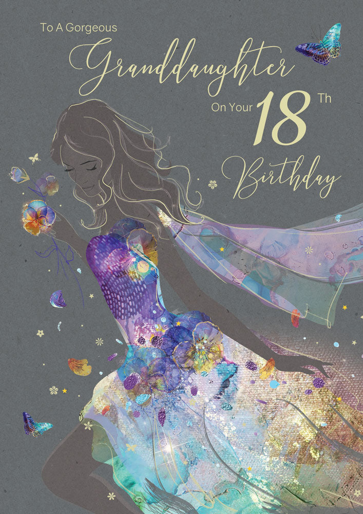 Lovely Beautiful Granddaughter on Your 18th Birthday Card - Gorgeous Grace Range Blue & Purple Dress Glitter & Foil Finish Card by Cherry Orchard