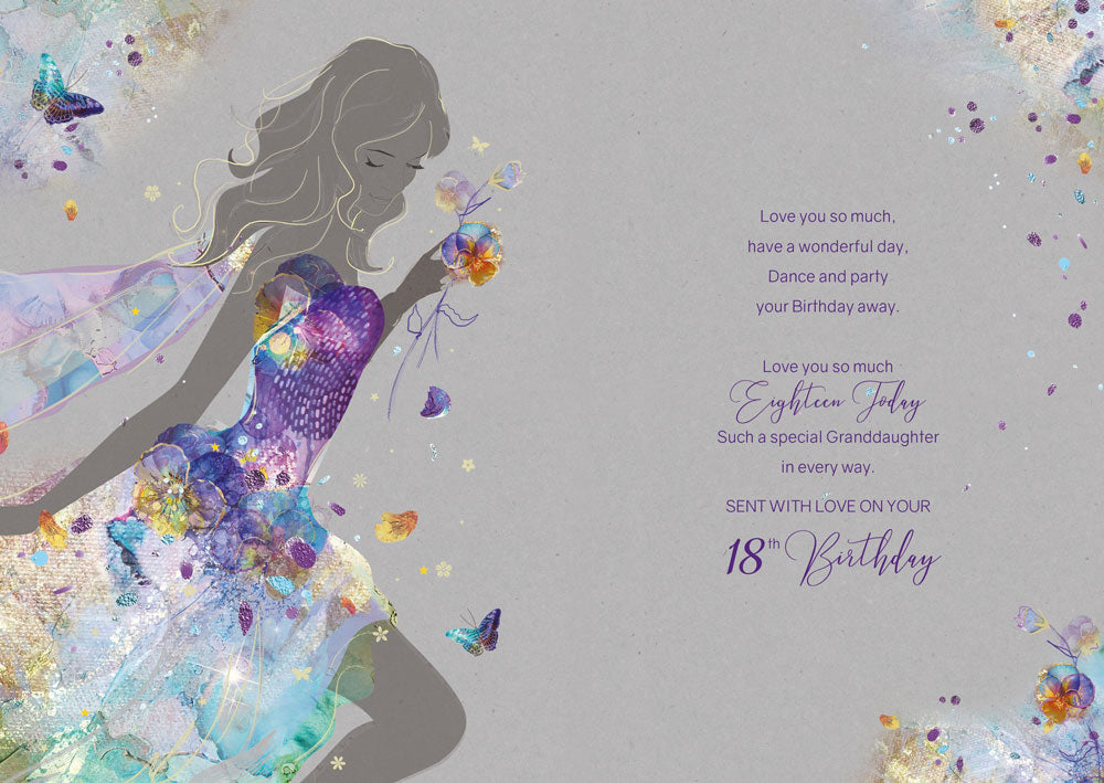 Lovely Beautiful Granddaughter on Your 18th Birthday Card - Gorgeous Grace Range Blue & Purple Dress Glitter & Foil Finish Card by Cherry Orchard