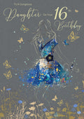 Amazing Daughter on Your 16th Birthday Card - Gorgeous Grace Range Blue Dress Glitter & Foil Finish Card by Cherry Orchard