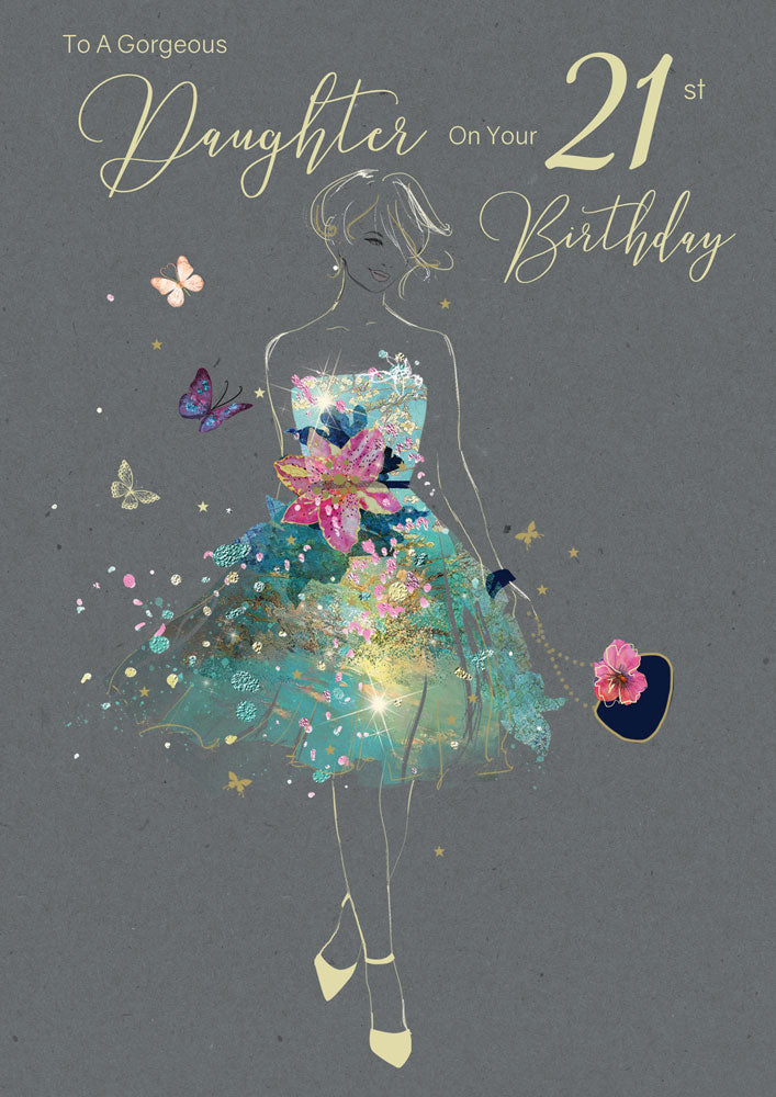 Amazing Daughter on Your 21st Birthday Card - Gorgeous Grace Range Dress Glitter & Foil Finish Card by Cherry Orchard