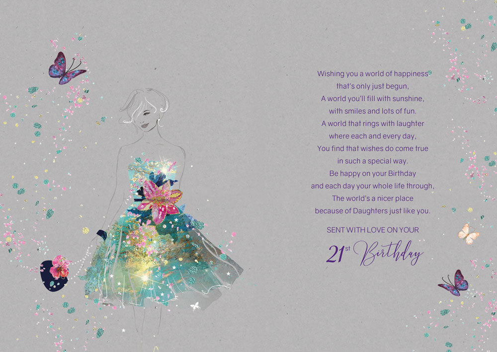 Amazing Daughter on Your 21st Birthday Card - Gorgeous Grace Range Dress Glitter & Foil Finish Card by Cherry Orchard