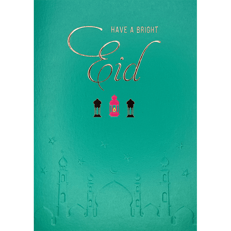 Have a Bright Eid Lanterns Teal Emboss and Gold Foil finish Greeting Card