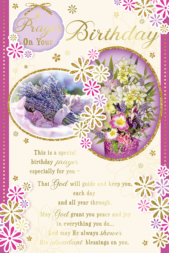 A Prayer on Your Birthday Greeting Card with Religious Poem - Lavender Flowers