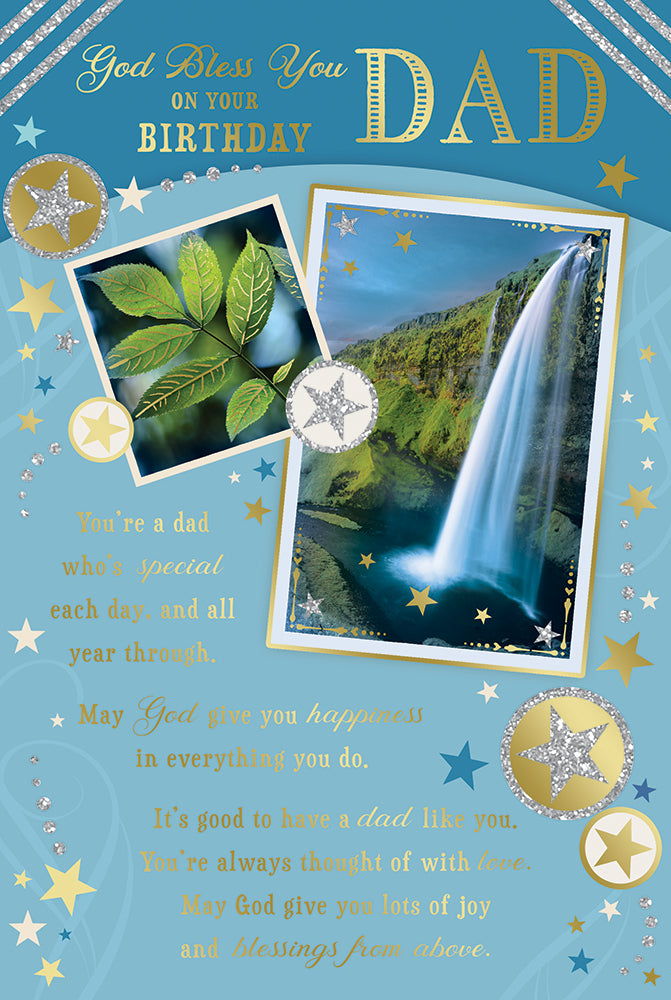 Dad God Bless you on your Birthday Greeting Card with Religious Poem - Waterfall