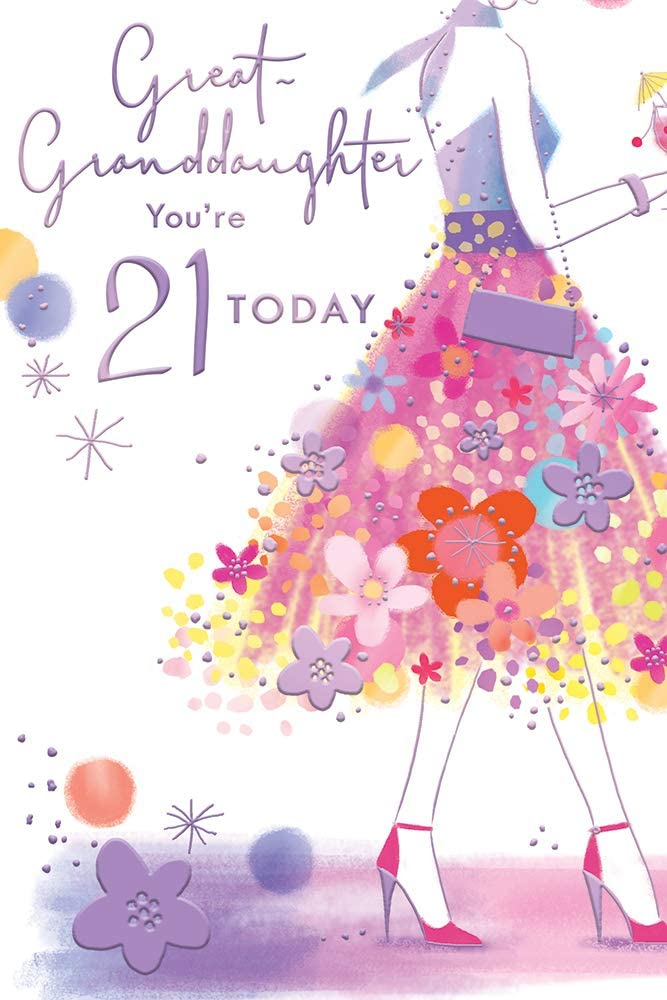 Great Granddaughter You're 21 Today Beautiful Floral Dress Silver Foil Greeting Card