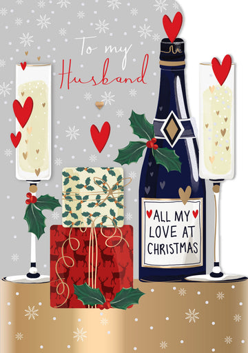 Husband All My Love at Christmas Champagne Luxury Handmade 3D Greeting Card By Talking Pictures