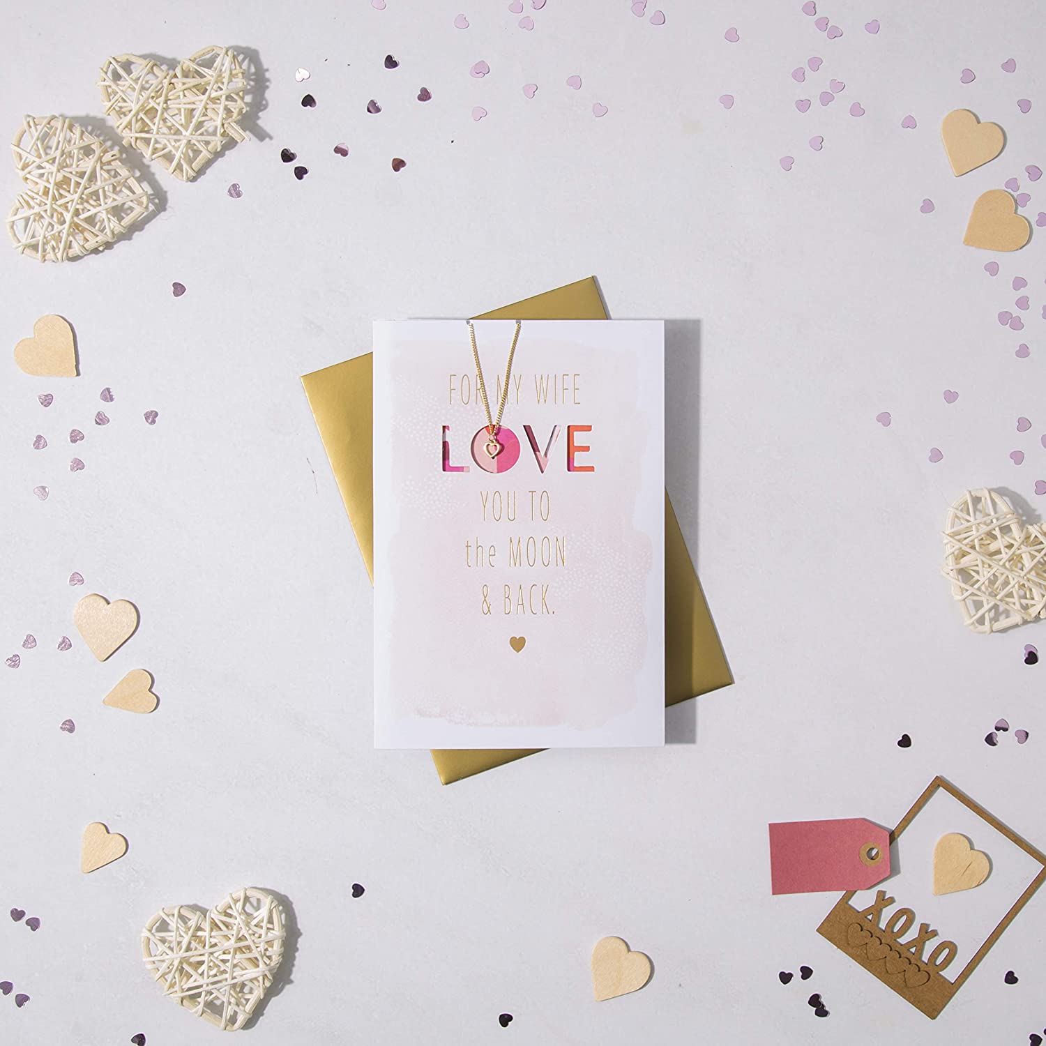 For Wife Love You to the Moon & Back Embossed Gold Finish Valentines 2022 Card with Heart Necklace