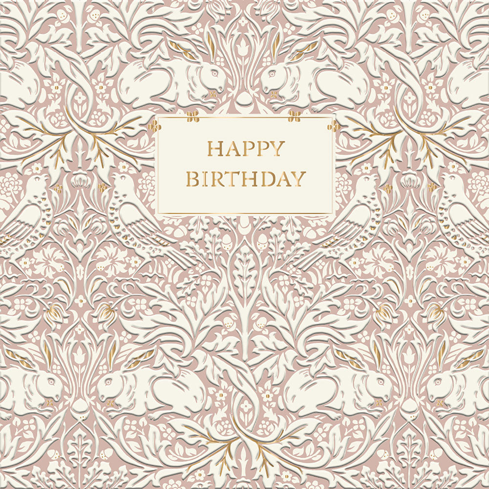 Brer Rabbit Pink by William Morris - Morris & Co - Happy Birthday BLANK Card - Ling Design (IJ0036) Birds Rabbit Hare