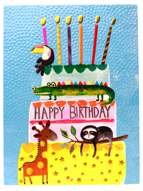 Animal Cake Happy Birthday - Toucan, Giraffe, Sloth, Crocodile Blank Greeting Card - Emboss & Foil - Jamboree by Paper Salad (JA1887)