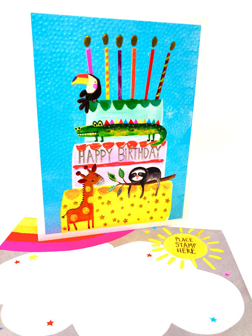 Animal Cake Happy Birthday - Toucan, Giraffe, Sloth, Crocodile Blank Greeting Card - Emboss & Foil - Jamboree by Paper Salad (JA1887)