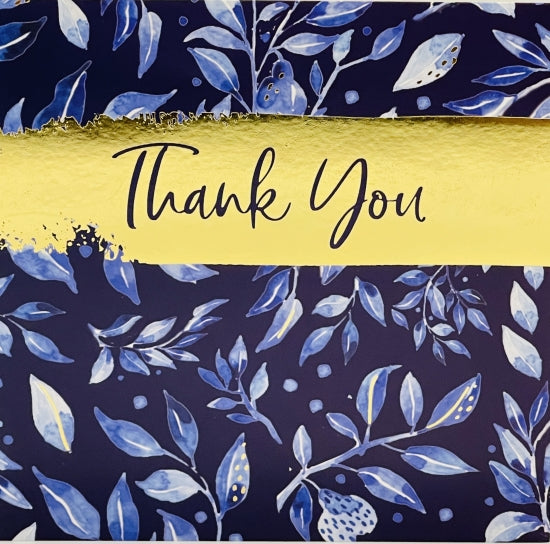 Watercolour Leaves Blue With Gold - Thank You Notecards Luxury Foil Finish Pack of 5 Cards and Envelopes