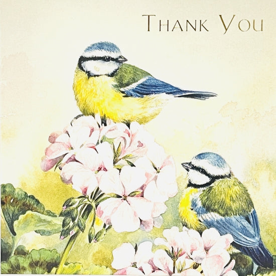 Blue Tits Birds on Hydrangea Flowers Art - Thank You Notecards Luxury Foil Finish Pack of 5 Cards and Envelopes