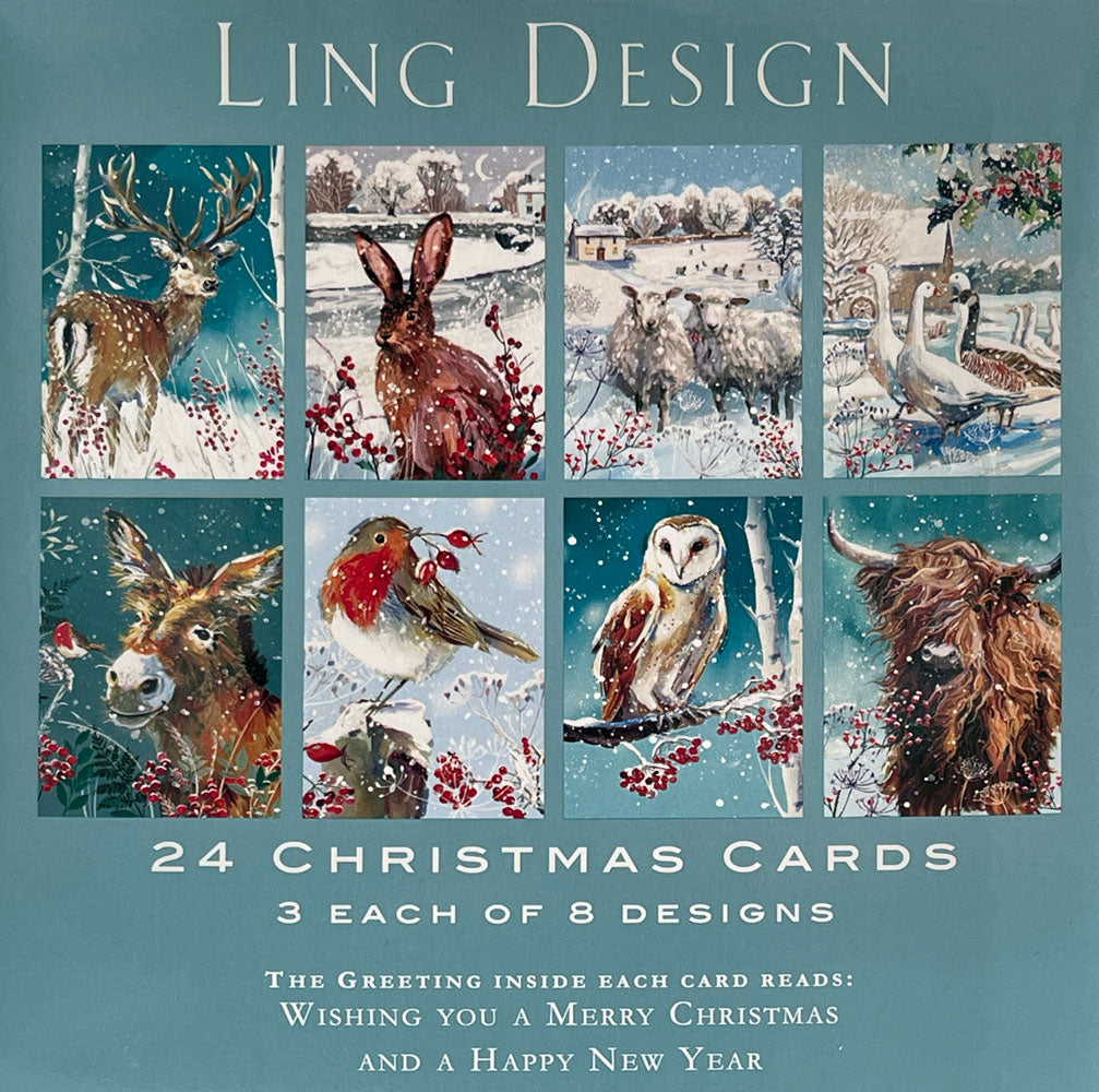 WINTER WILDLIFE Premium Box of 24 Assorted Christmas Cards - 3 Each of 8 Designs - Great British Card Company