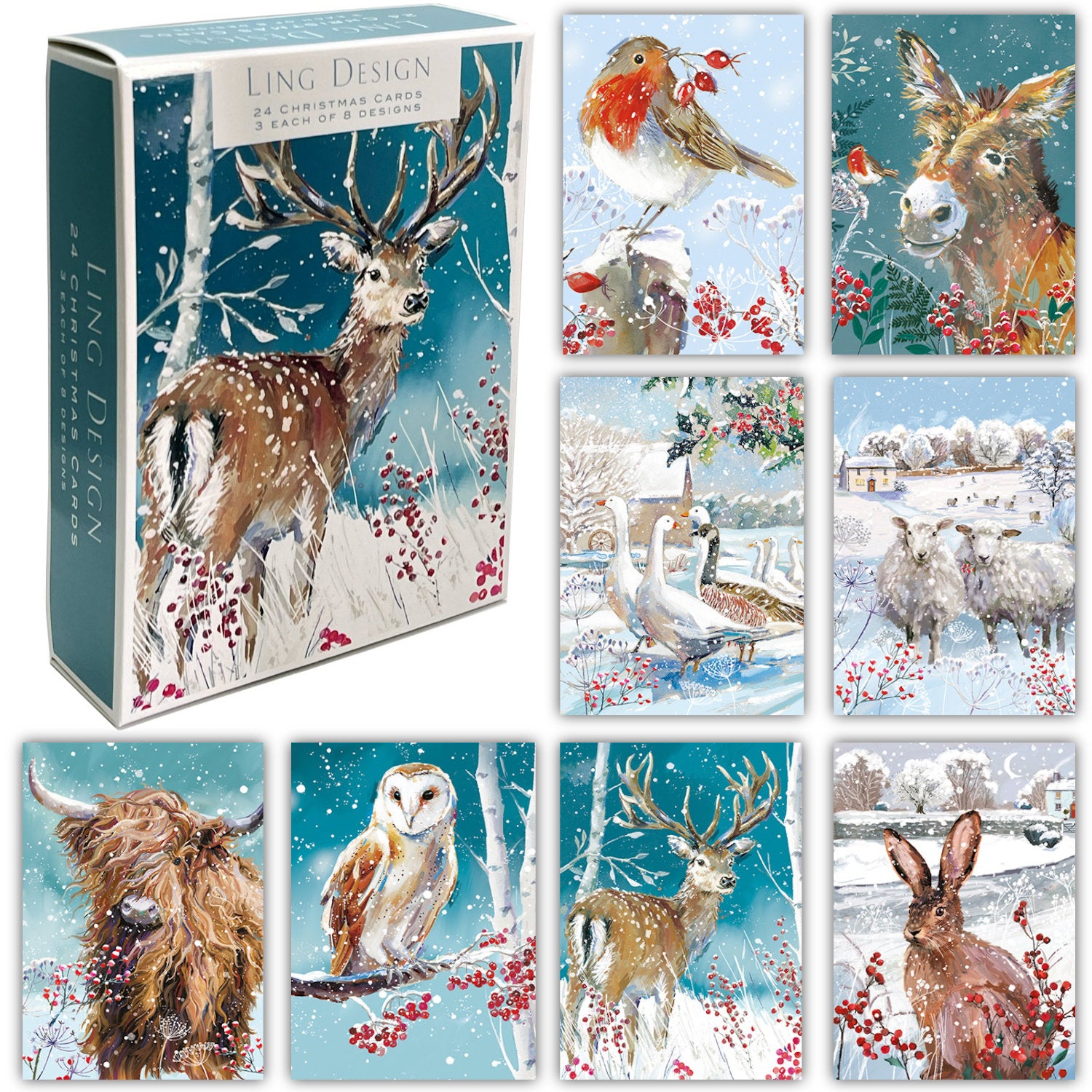 WINTER WILDLIFE Premium Box of 24 Assorted Christmas Cards - 3 Each of 8 Designs - Great British Card Company