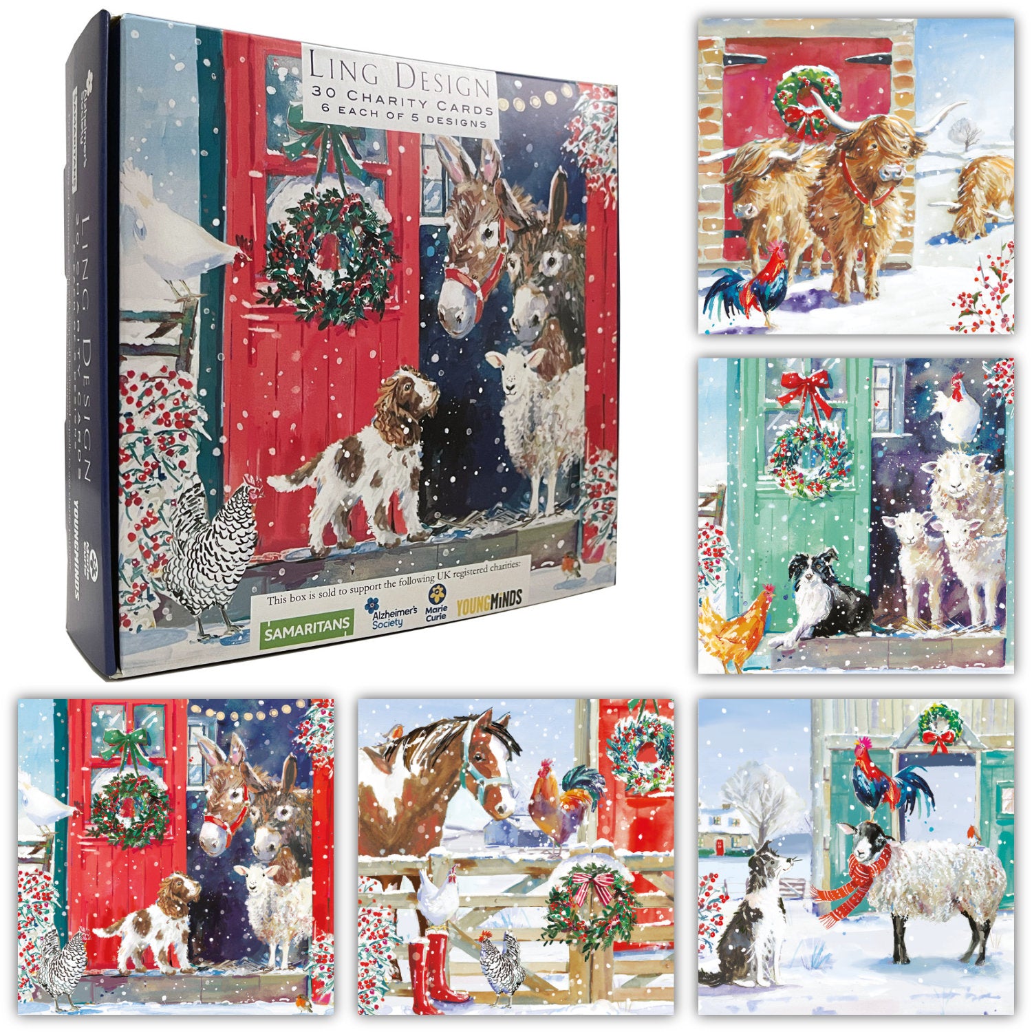 Farm Life Xmas Festive Premium Bumper Box of 30 Christmas CHARITY Cards - 6 Each of 5 Designs by Ling Design