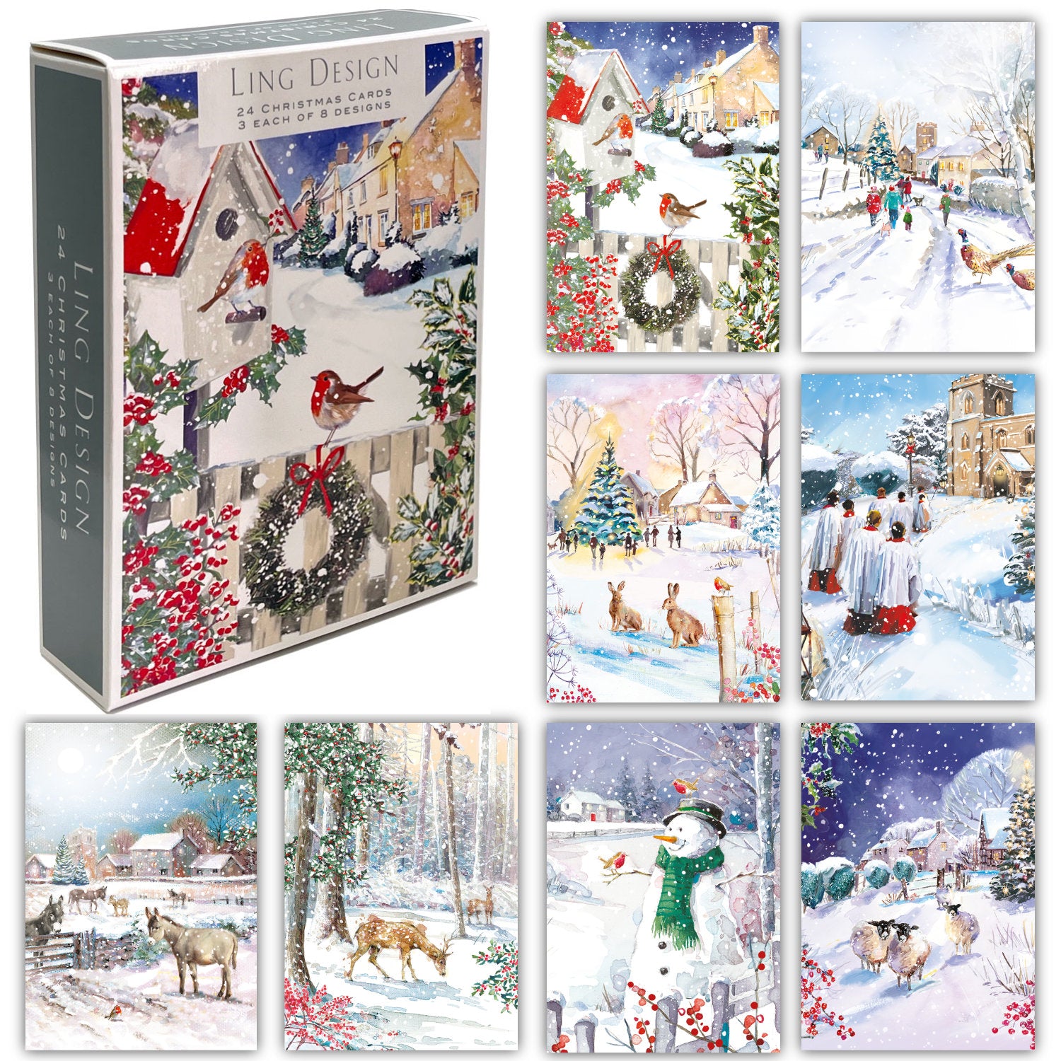 Classic Snowy Scenes Premium Box of 24 Assorted Christmas Cards - 3 Each of 8 Designs - Great British Card Company