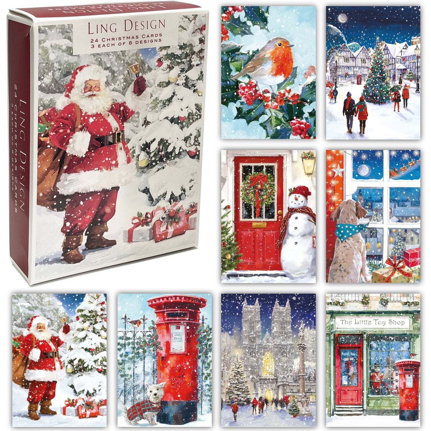 Traditional Ling Classic Premium Box of 24 Assorted Christmas Cards - 3 Each of 8 Designs - Great British Card Company