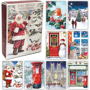 Traditional Ling Classic Premium Box of 24 Assorted Christmas Cards - 3 Each of 8 Designs - Great British Card Company