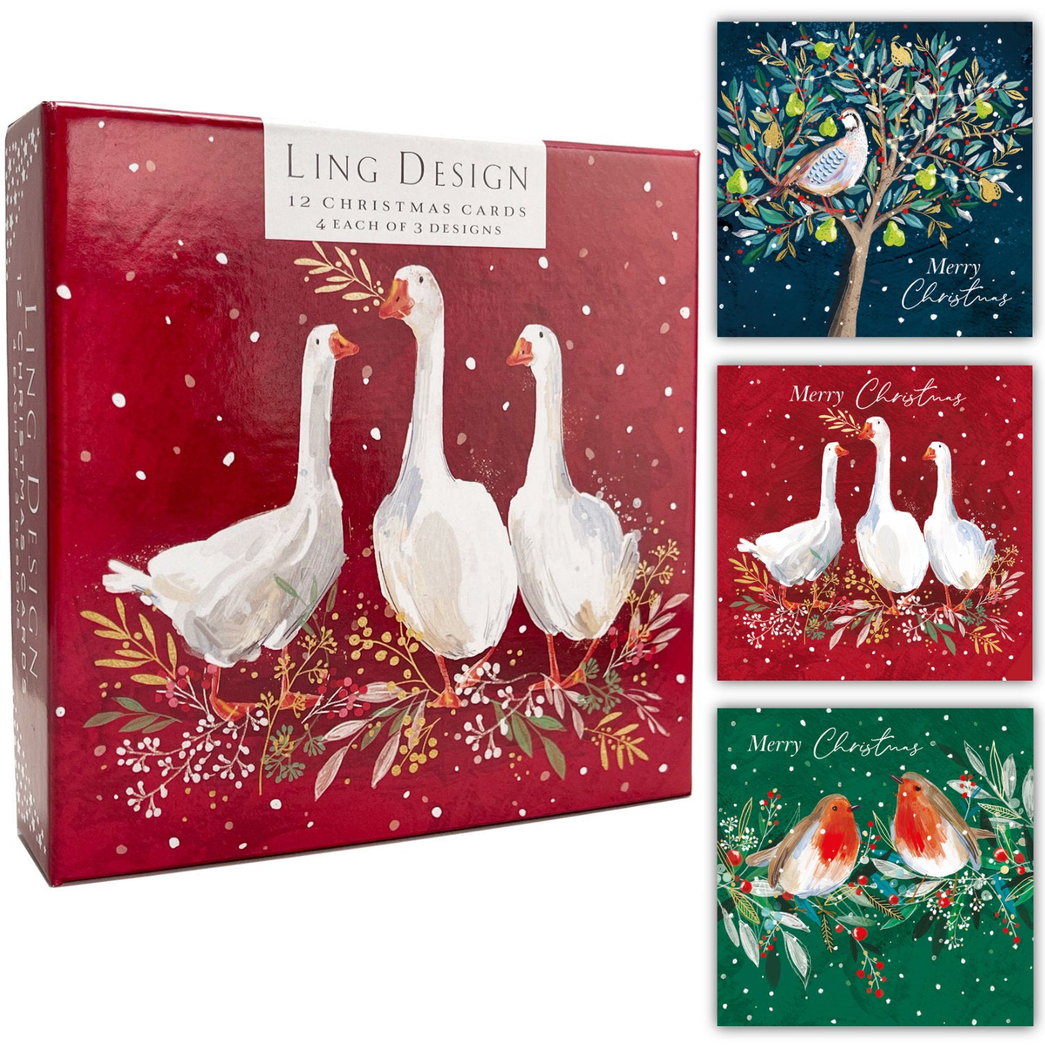 Festive Geese Robins Partridge Premium Pack of 12 Christmas Cards in 3 Designs By Ling Design