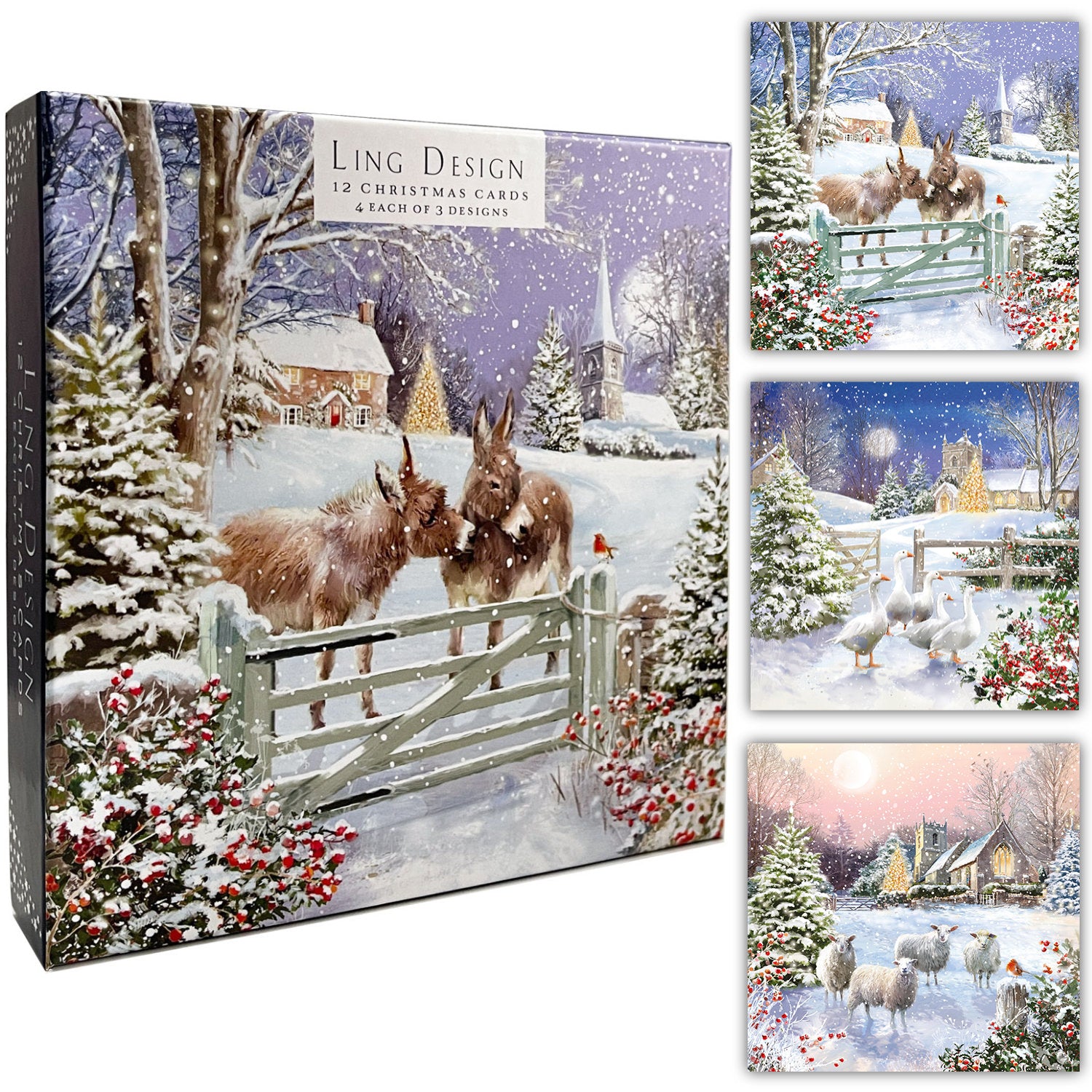 Farmlife Winter Gathering Festive Premium Pack of 12 Large Christmas Cards in 3 Designs by Ling Design