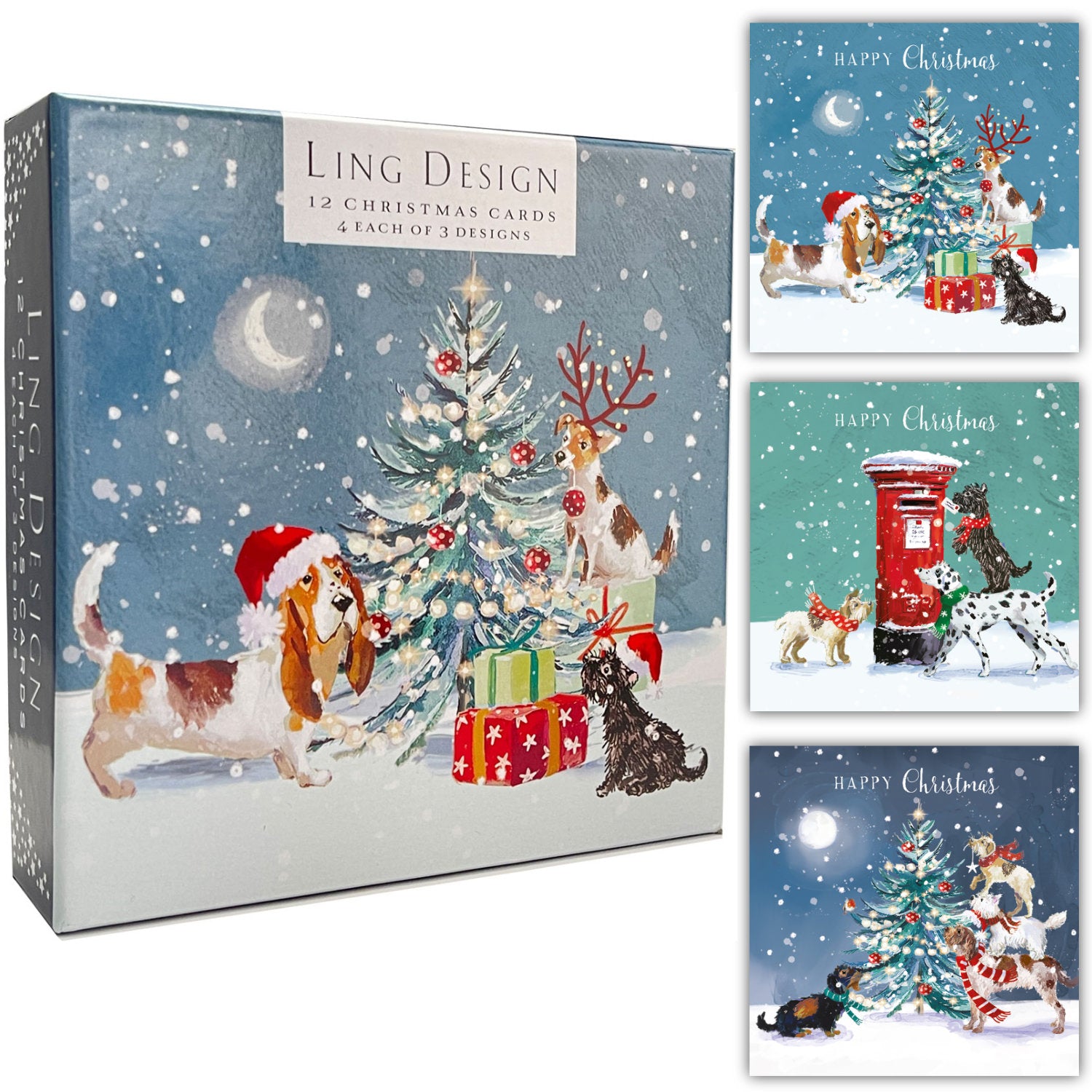 Festive Pets at Xmas Time Premium Box of 12 Christmas Cards in 3 Designs by Ling Design - Gloss Finish