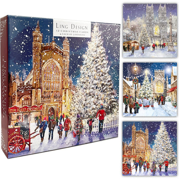 Churchgoers on Xmas Eve Festive Premium Pack of 12 Large Christmas Cards in 3 Designs by Ling Design