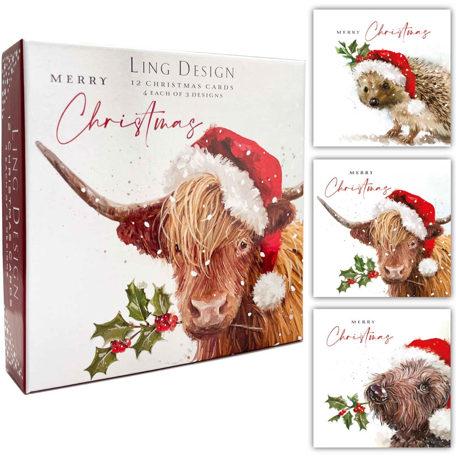 Highland Cow Hedghog Beever Premium Pack of 12 Christmas Cards in 3 Designs by Ling Design