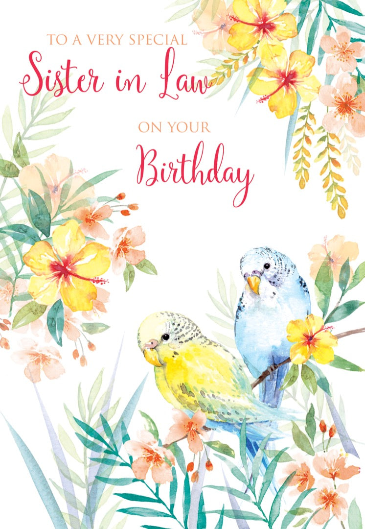 Stunning Artistic Female Birthday Card from Cherry Orchard - Special Sister-in-Law - Budgerigars and Flowers - Pretty Flitter Finish - Greeting Card for Her (CO-ML015)