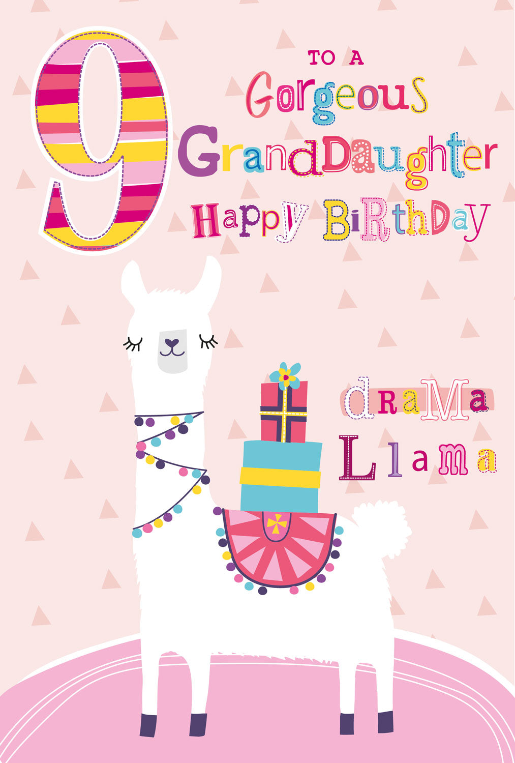 To a Gorgeous Granddaughter 9 Today Drama Llama and Presents Special Happy 9th Birthday Greeting Card