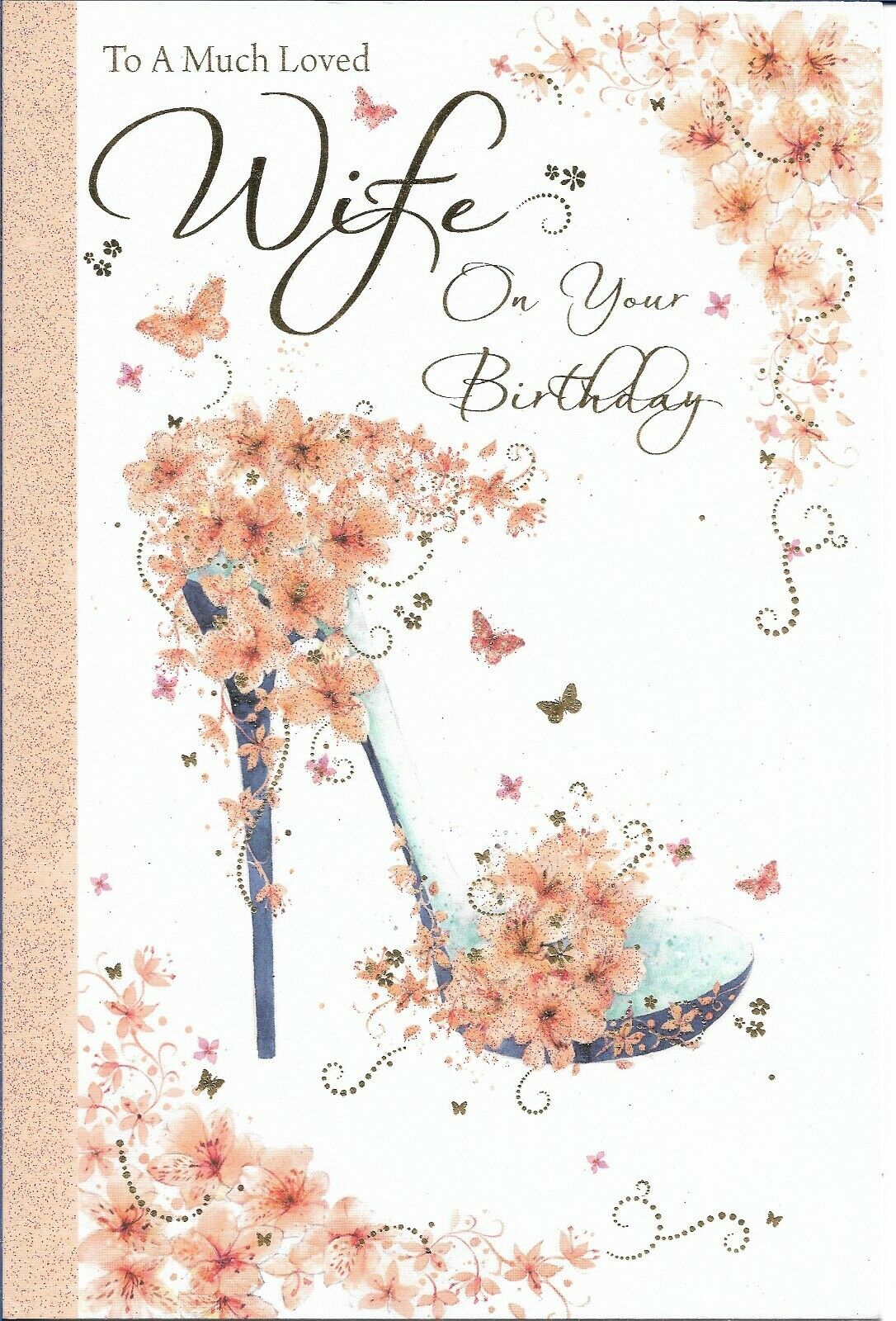 Loved Wife Birthday Greeting Card (ML443) - Female Peach Flowers Stiletto Heel - Glitter Finish - from Cherry Orchard