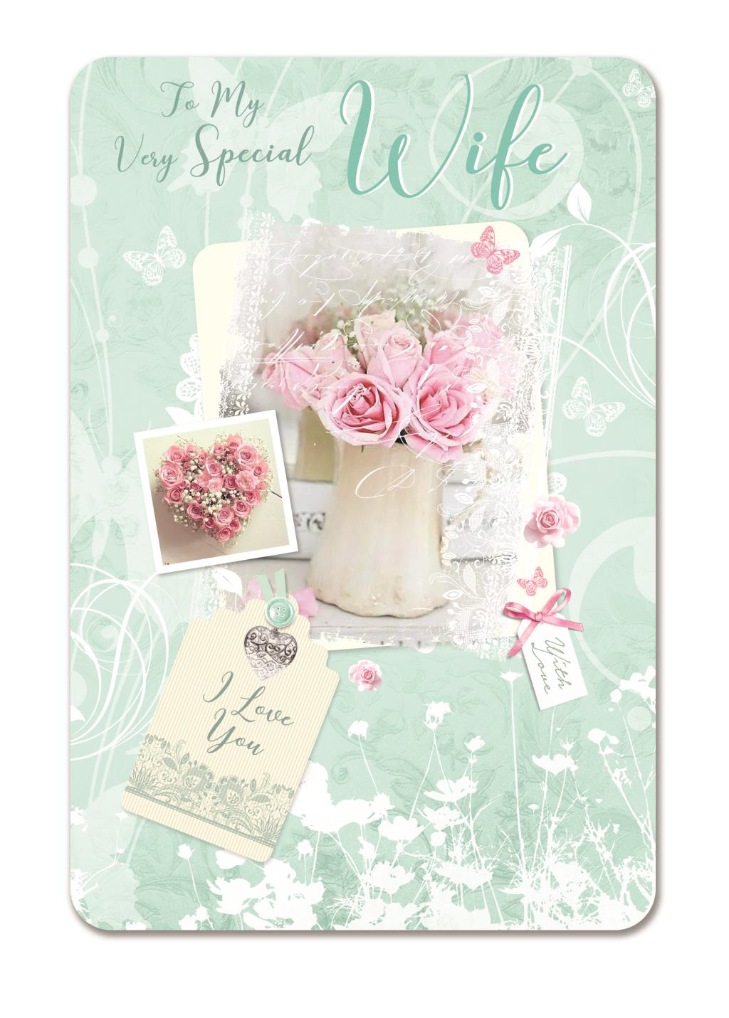 Special Wife I Love You Birthday Greeting Card (ML451) - Female Pink Roses - Glitter Finish - from Cherry Orchard