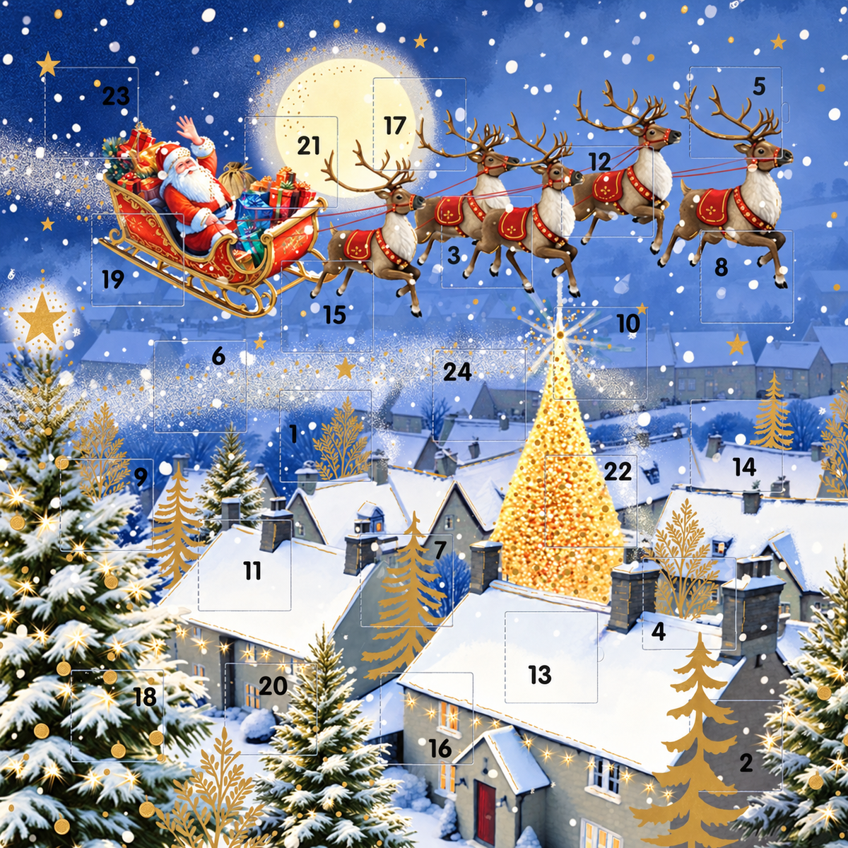 Santa's Sleigh Square Advent Calendar Traditional Festive 24-Door Christmas Countdown