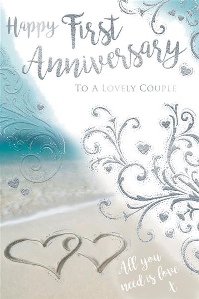 Happy First Anniversary To A Lovely Couple Love Hearts on Sandy Beach Silver Foil Greeting Card