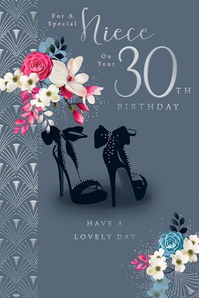 Niece 30th Birthday 30 Stiletto Heels Flowers Art Deco Silver Foil Greeting Card