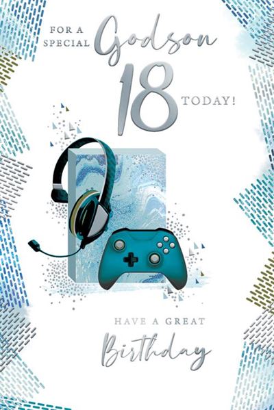 For A Special Godson 18 Today Happy 18th Birthday Teen Game Console Controller Silver Foil Greeting Card