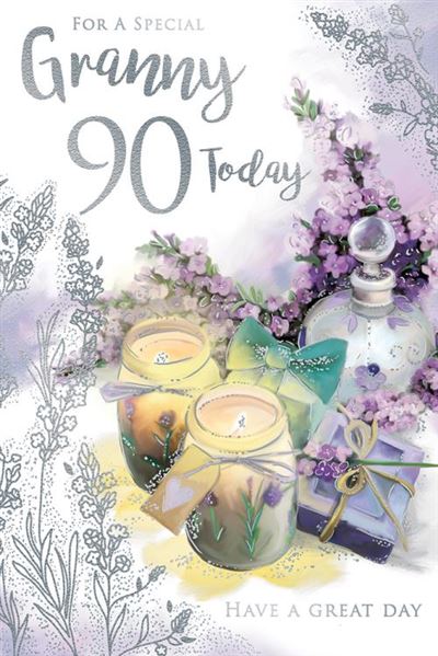 For A Special Granny 90 Today Have A Great Day Beautiful Fragrance Silver Foil 90th Birthday Greeting Card by Kingfisher