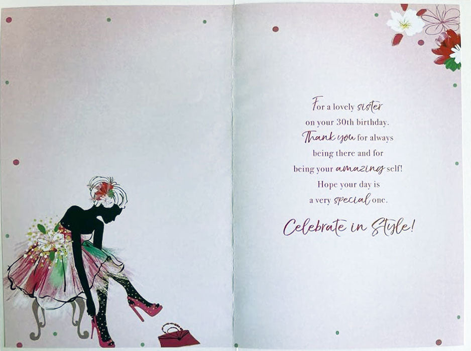 Today You're 30 Sister Birthday Wishes Elegant Stylish Dress Heels 30th Silver Foil Greeting Card