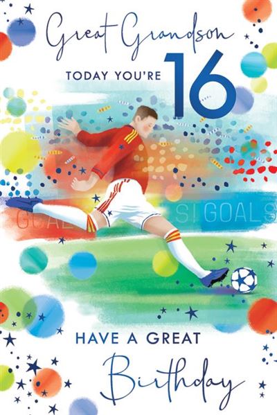 Great Grandson Today You're 16 Have A Great Birthday Footballer Blue Foil 16th Greeting Card by Kingfisher