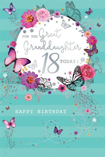 Great Granddaughter 18 Today Happy Birthday Teenager 18th Butterfly Floral Silver Foil Greeting Card