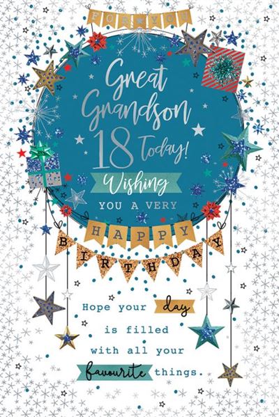 For You Great Grandson 18 Today Happy Birthday 18th Teenager Stars Silver Foil Greeting Card