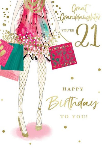 Great Granddaughter You're 21 Happy Birthday 21st Stylish Dress Gifts Gold Foil Art Greeting Card