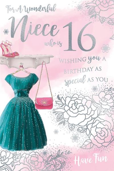 For A Wonderful Niece Who is 16 Wishing You A Birthday As Special As You Have Fun Beautiful Dress Pink Silver Foil Greeting Card by Kingfisher