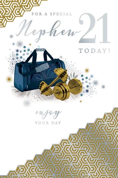 For A Special Nephew 21 Today! Enjoy Your Day Gym Workout Luxury Silver Foil 21st Birthday Greeting Card by Kingfisher