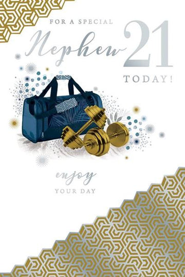 For A Special Nephew 21 Today! Enjoy Your Day Gym Workout Luxury Silver Foil 21st Birthday Greeting Card by Kingfisher