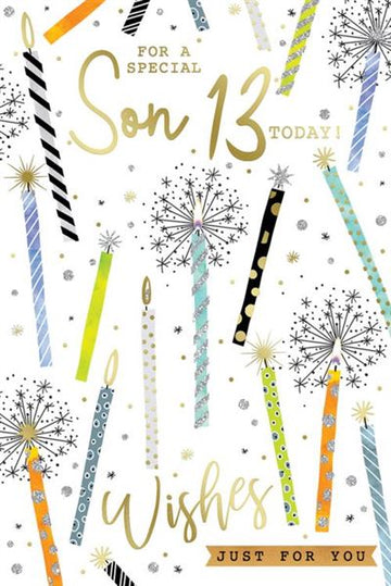 For A Special Son 13 Today Birthday 13th Teenager Candles Sparklers Silver Foil Greeting Card