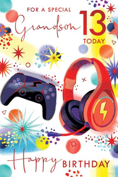 For A Special Grandson 13th Today Happy Birthday Video Game Luxury Red Foil Greeting Card by Kingfisher