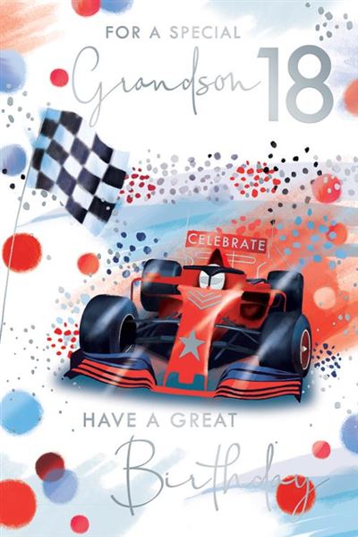 For A Special Grandson 18 Have A Great Birthday F1 Race Car Silver Foil 18th Greeting Card by Kingfisher