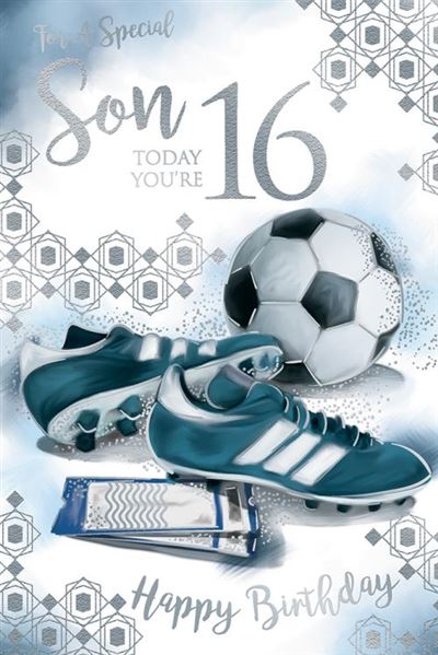 Special Son You're 16 Today Teen 16th Birthday Football Boots and Boots Silver Foil Greeting Card