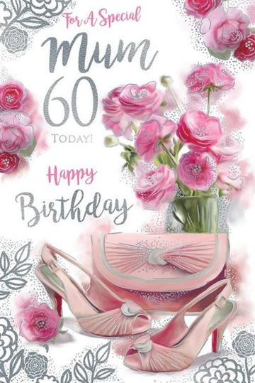 To A Special Mum 60 Today! Happy Birthday Beautiful Purse Floral Luxury Pink Silver Foil 60th Greeting Card by Kingfisher